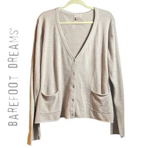 Barefoot Dreams V-Neck CozyChic Ultra Liht Pointelle Cardigan. Beige Size 2X.